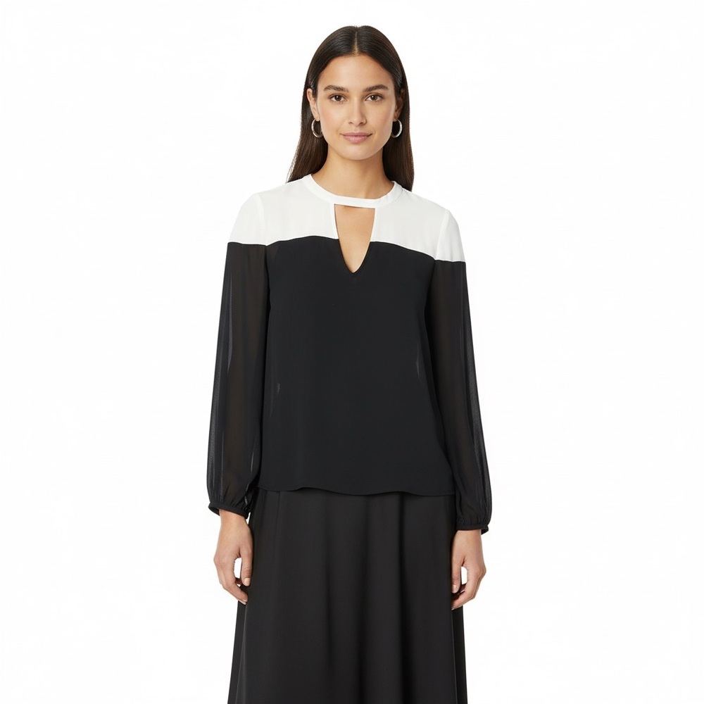 Eloquii Women’s Size 20 Black-and-White Sheer Block Blouse – Keyhole Front